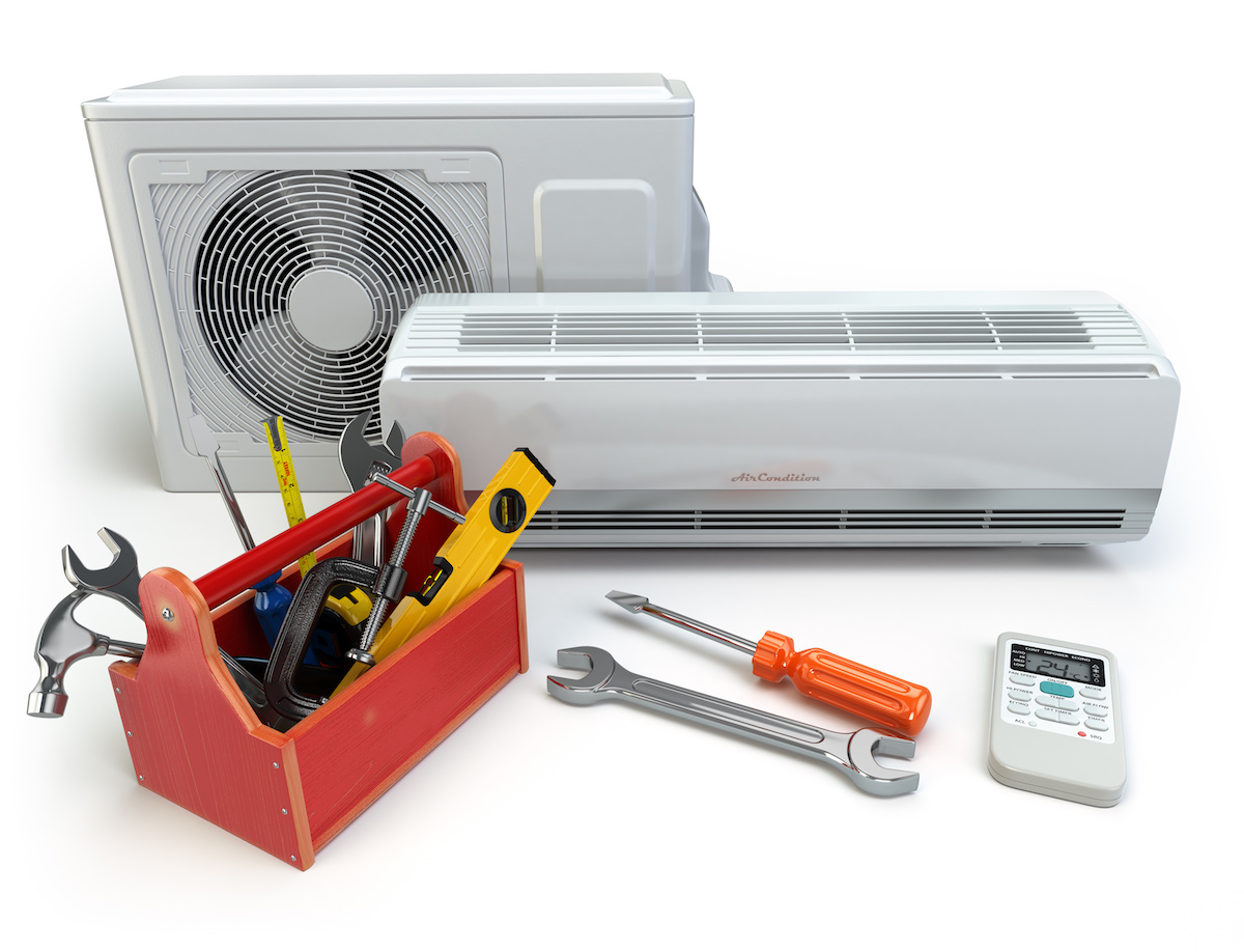 Air conditioner with toolbox and tools. Repair of air-conditioner concept.